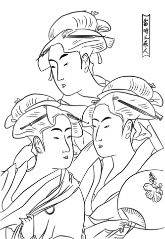 Three Beauties Of The Present Day By Kitagawa Utamaro Coloring Page